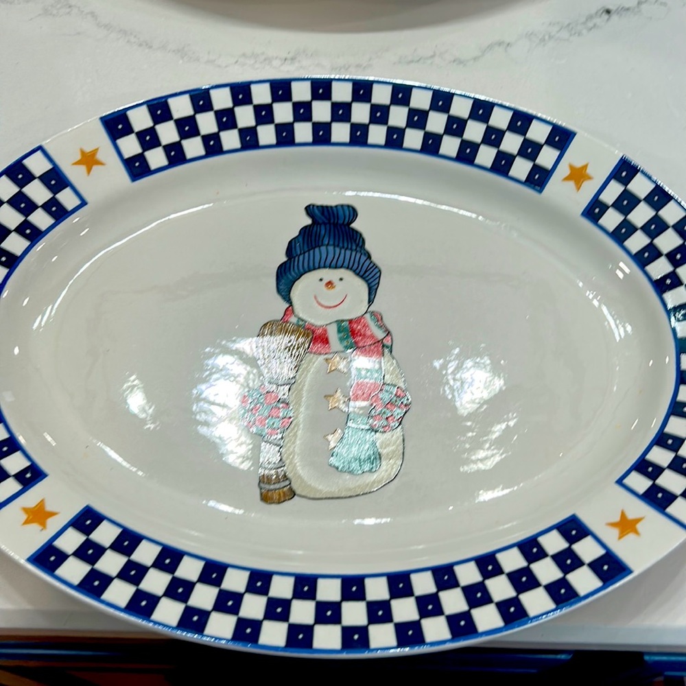 13.5 inch Snowman Platter. Blue and White Check.